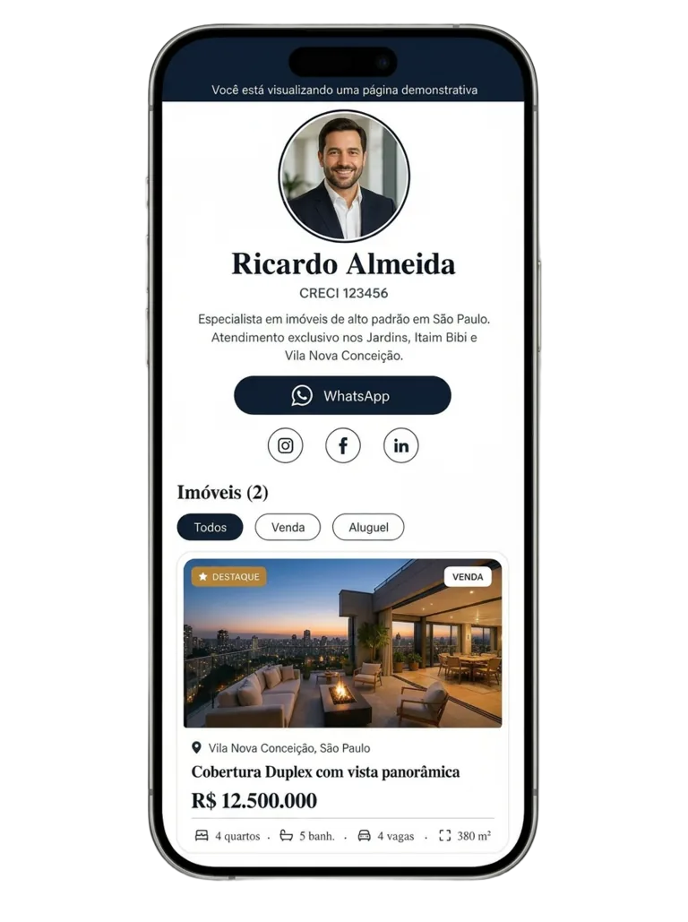Vitrine de imóveis IPGA — exemplo de página pública do corretor em um celular